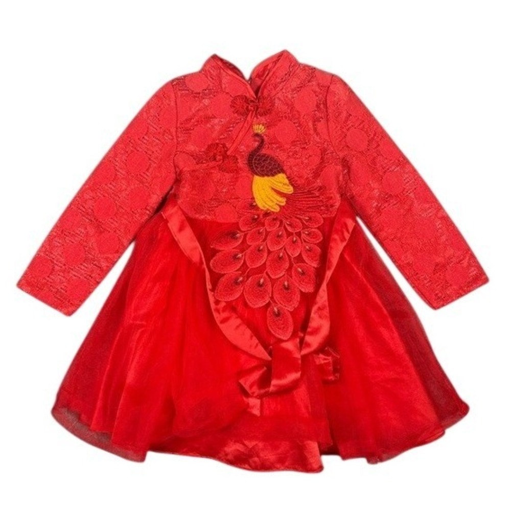 Girls‎ Red Peacock Lace Tulle Dress Mandarin Collar Long Sleeve Size 12/130
